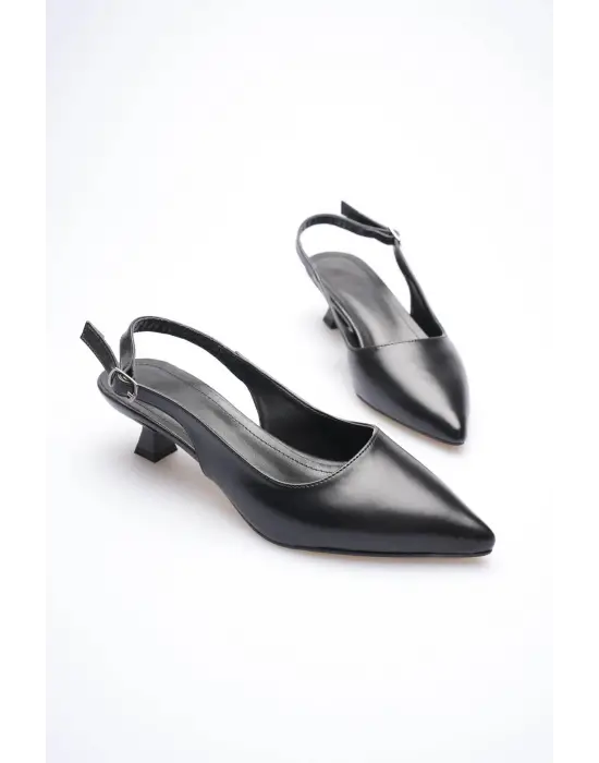 Kadın Siyah Sivri Burun Slingback Kısa Topuklu Ayakkabı TR20MS04A