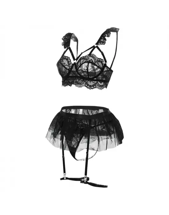 Kadın Siyah Tül Etekli, Göğüs Balenli Fantazi Kostüm