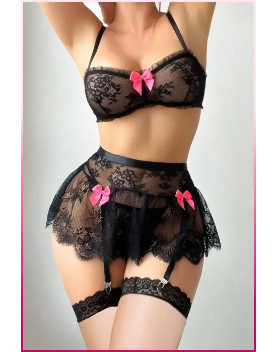 Kadın Siyah Zarif Dantelli Etekli Strapless Transparan Fantazi Kostüm