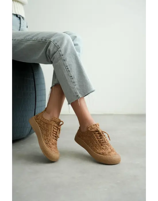 Kadın Taba Örgü Detaylı Günlük Sneaker Rahat ve Hafif Spor Ayakkabı TR01MY01D