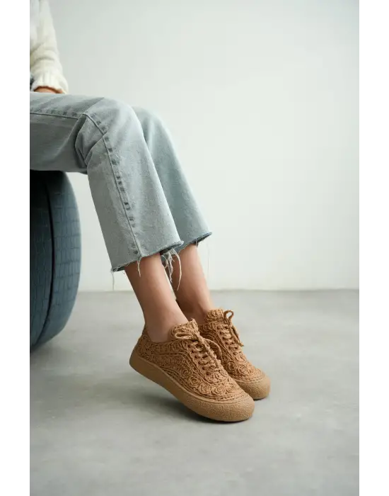 Kadın Taba Örgü Detaylı Günlük Sneaker Rahat ve Hafif Spor Ayakkabı TR01MY01D