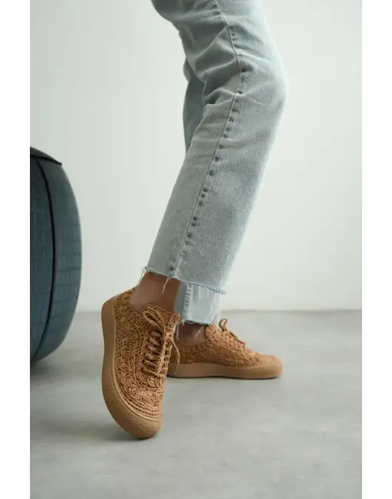 Kadın Taba Örgü Detaylı Günlük Sneaker Rahat ve Hafif Spor Ayakkabı TR01MY01D