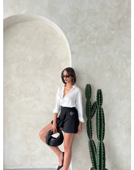 Kadın Tokalı Şort Etek Siyah S25449