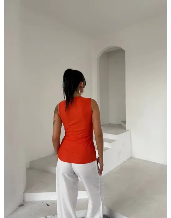 Kadın Turuncu Bisiklet Yaka Gold Düğmeli Ottoman Bluz