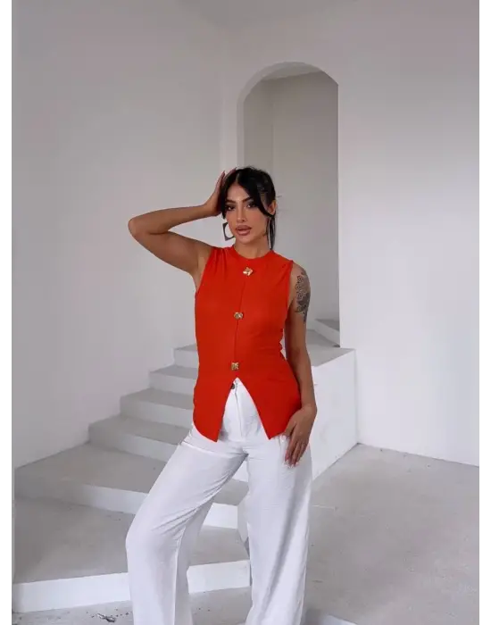 Kadın Turuncu Bisiklet Yaka Gold Düğmeli Ottoman Bluz