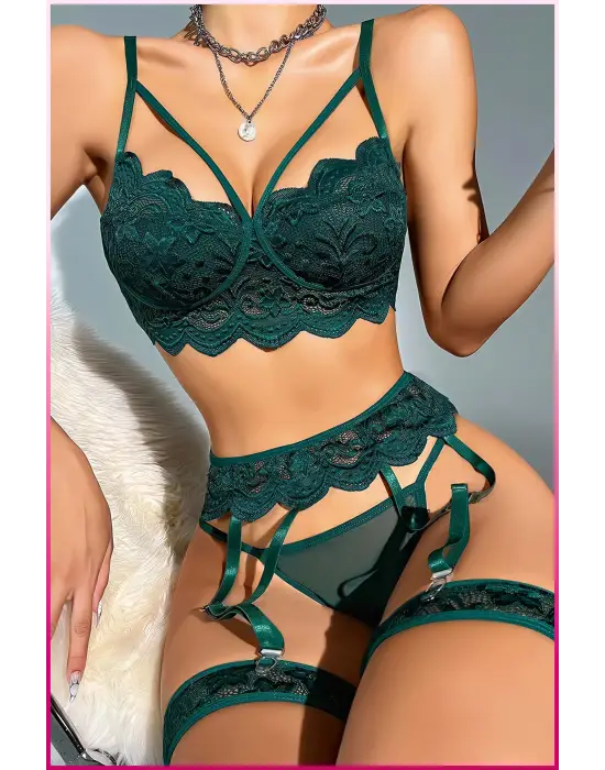 Kadın Yeşil Dantel Detaylı Jartiyer Takım