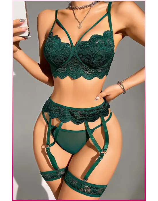 Kadın Yeşil Dantel Detaylı Jartiyer Takım