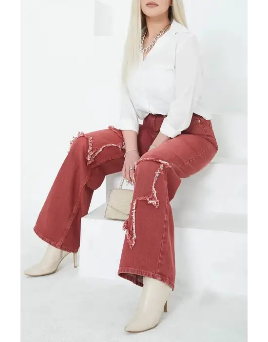 Kadın Yüksel Bel Püskül Detaylı Palazzo Jean Kot Pantolon