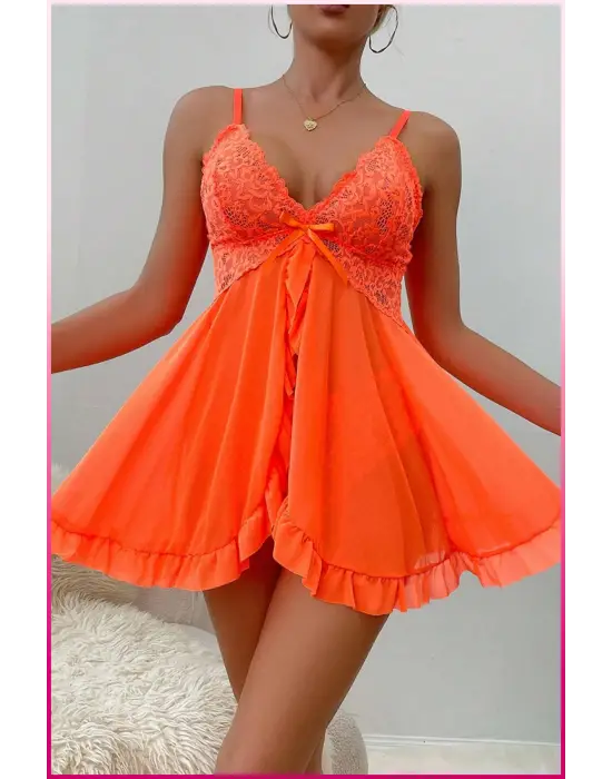 Kadın Zarif Turuncu Tül Gecelik Ve Külot Takım