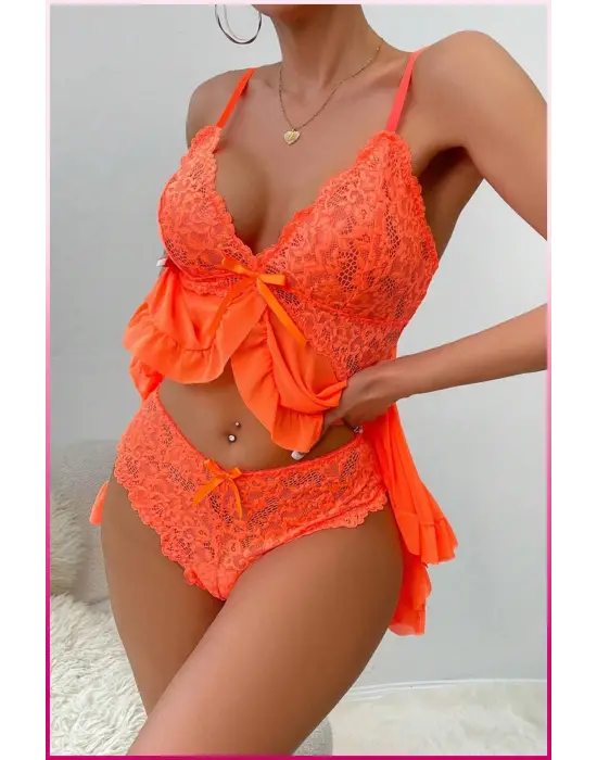 Kadın Zarif Turuncu Tül Gecelik Ve Külot Takım