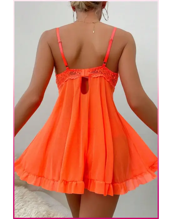 Kadın Zarif Turuncu Tül Gecelik Ve Külot Takım