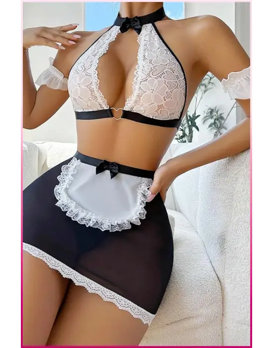 Kalp Detaylı Siyah-beyaz Kadın Hizmetçi Kostüm