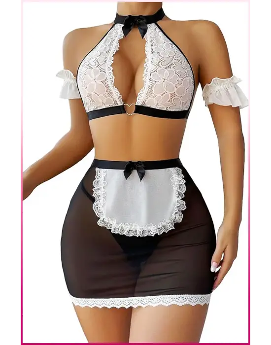 Kalp Detaylı Siyah-beyaz Kadın Hizmetçi Kostüm