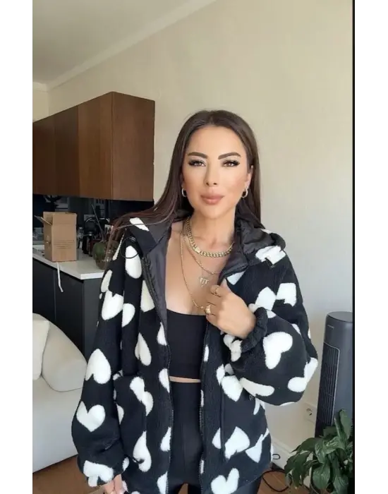 Kalpli Peluş Ceket İçi Astarlı Siyahbeyaz