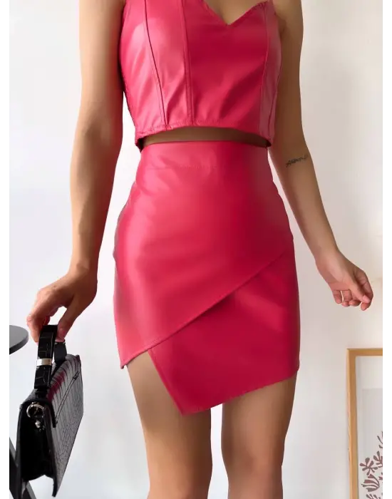 Kapaklı Asimetrik Model Deri Etek Pembe S240106