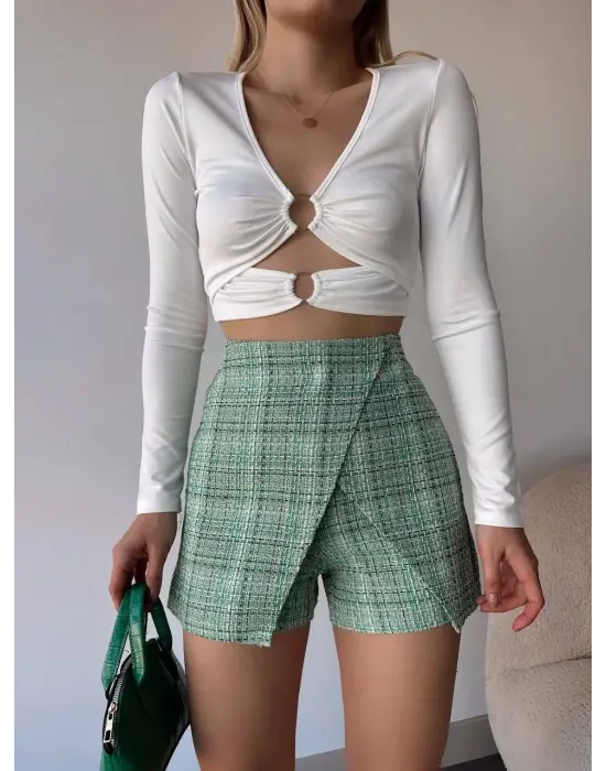 Kapaklı Tüvit Şort Etek Yeşil