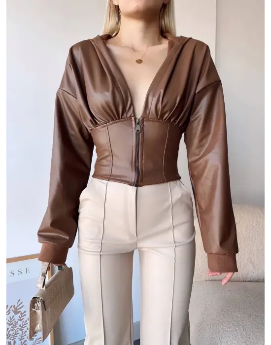 Kapşonlu Yarım Fermuarlı Ceket Kahve H24116