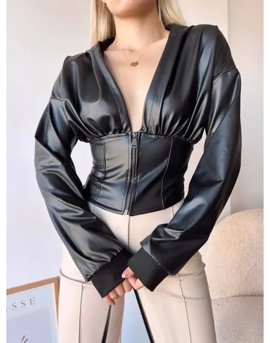 Kapşonlu Yarım Fermuarlı Ceket Siyah H24116