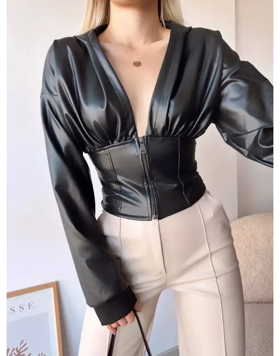 Kapşonlu Yarım Fermuarlı Ceket Siyah H24116