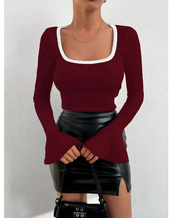 Kare Yaka Garni Detay İspanyol Kol Bluz Bordo A3105