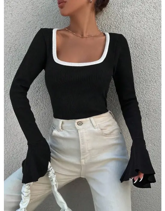 Kare Yaka Garni Detay İspanyol Kol Bluz Siyah A3105