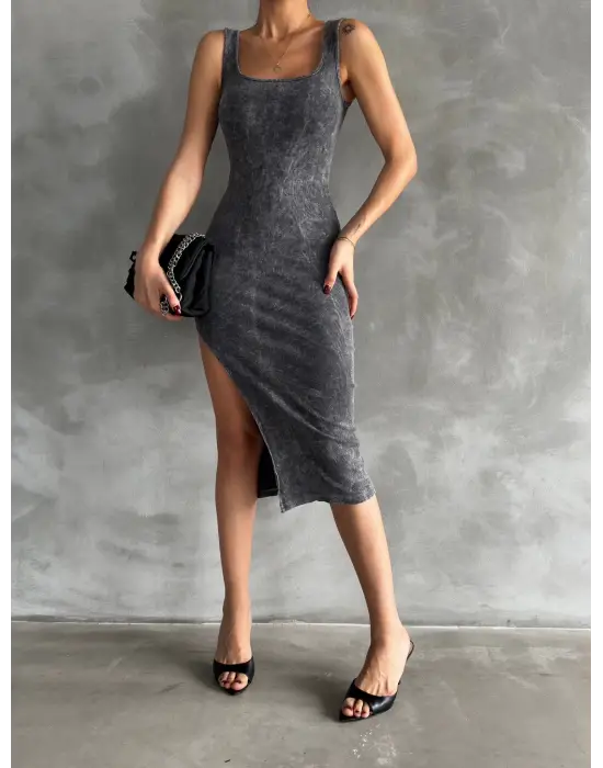 Kaşkorse Aşit Yıkamalı Yırtmaçlı Elbise