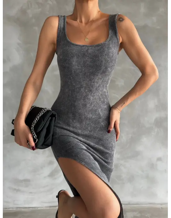 Kaşkorse Aşit Yıkamalı Yırtmaçlı Elbise