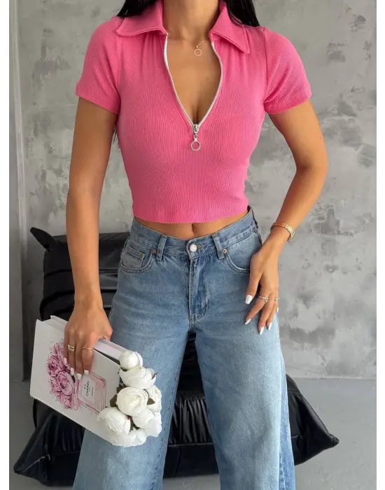 Kaşkorse Yaka Fermuarlı Bluz Fuşya