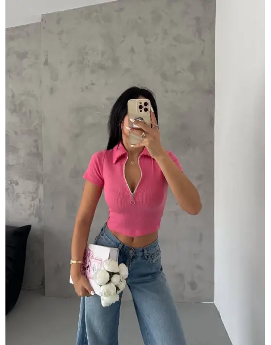 Kaşkorse Yaka Fermuarlı Bluz Fuşya