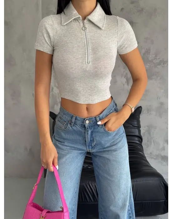 Kaşkorse Yaka Fermuarlı Bluz Gri