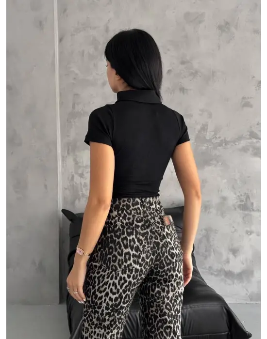 Kaşkorse Yaka Fermuarlı Bluz Siyah