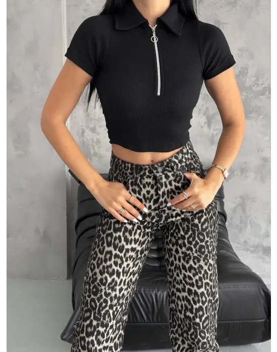 Kaşkorse Yaka Fermuarlı Bluz Siyah