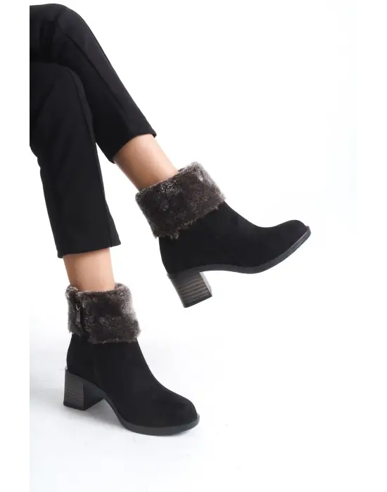 Katya Fermuarlı Ortopedik Taban Topuklu Kürk Detaylı Süet Kadın Bot  St - Siyah