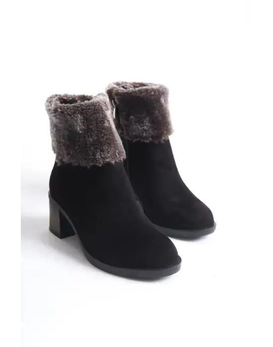 Katya Fermuarlı Ortopedik Taban Topuklu Kürk Detaylı Süet Kadın Bot  St - Siyah