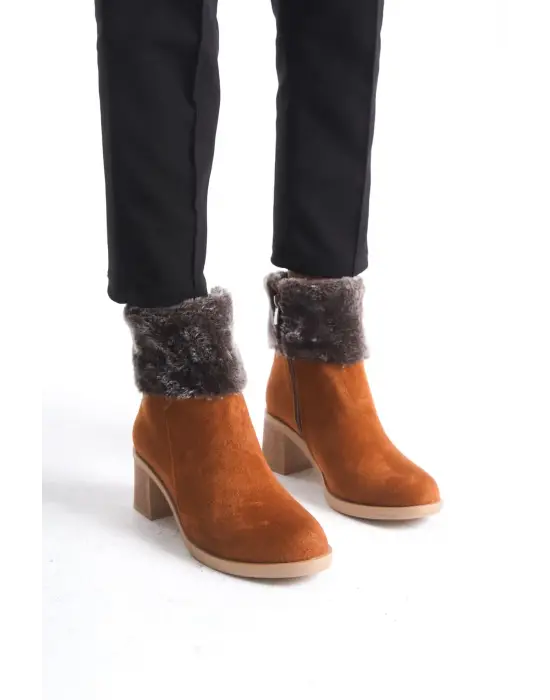 Katya Fermuarlı Ortopedik Taban Topuklu Kürk Detaylı Süet Kadın Bot  Tt - Taba