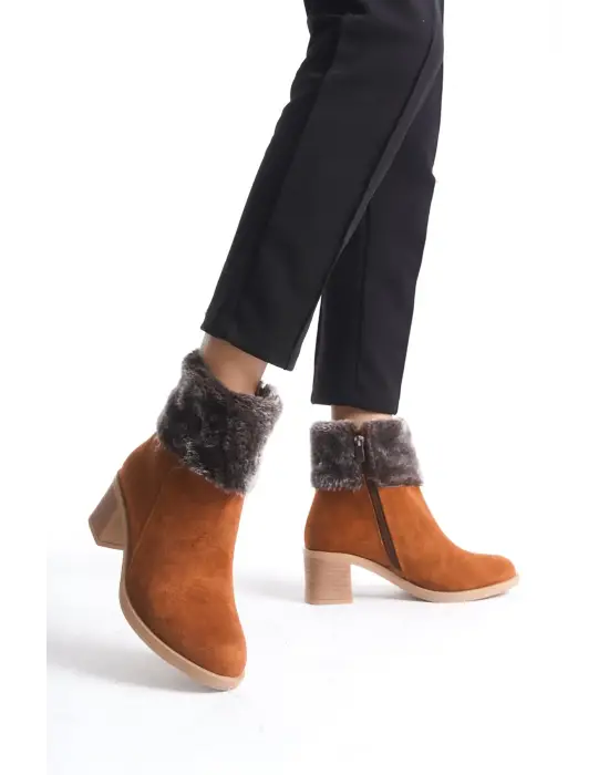 Katya Fermuarlı Ortopedik Taban Topuklu Kürk Detaylı Süet Kadın Bot  Tt - Taba