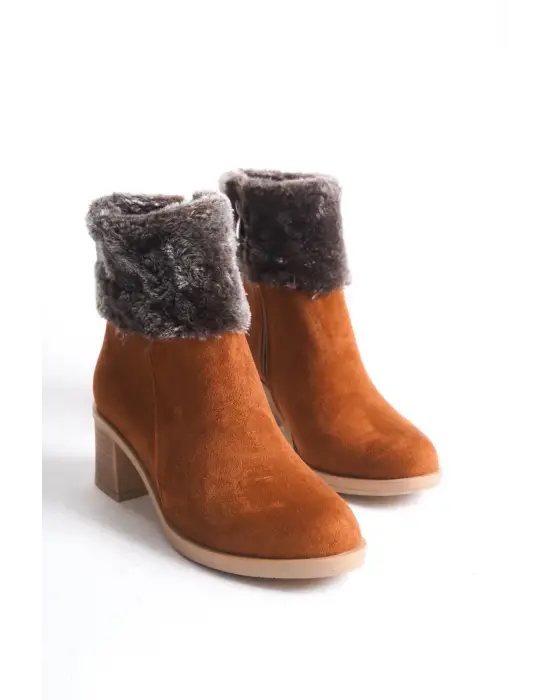 Katya Fermuarlı Ortopedik Taban Topuklu Kürk Detaylı Süet Kadın Bot  Tt - Taba