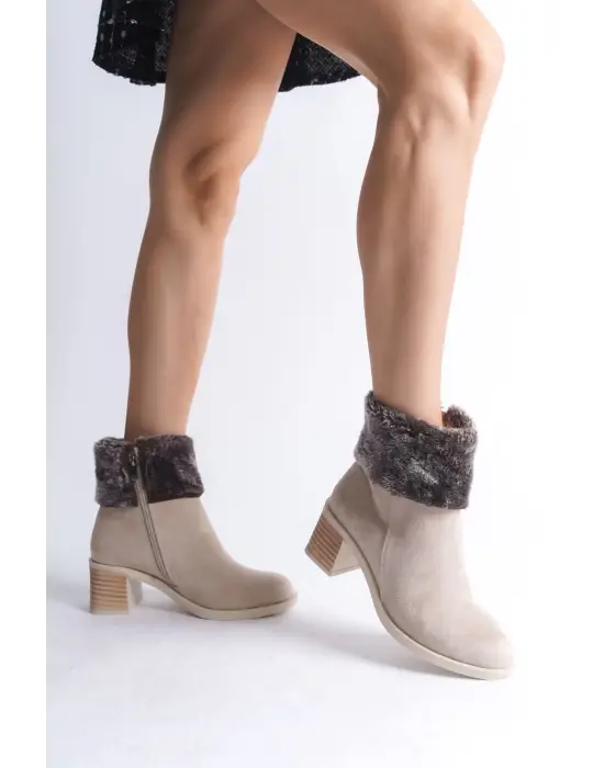 Katya Fermuarlı Ortopedik Taban Topuklu Kürk Detaylı Süet Kadın Bot  Tt - Ten