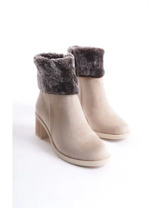Katya Fermuarlı Ortopedik Taban Topuklu Kürk Detaylı Süet Kadın Bot  Tt - Ten