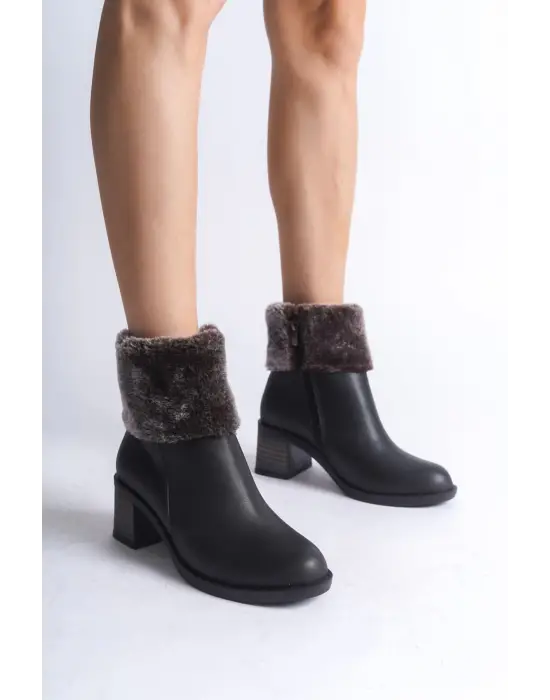 Katya Fermuarlı Ortopedik Taban Topuklu Kürk Detaylıkadın Bot  St - Siyah