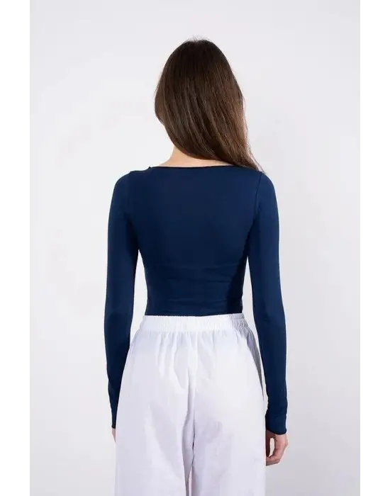 Kayık Yaka Uzun Kollu Bluz Lacivert Pt