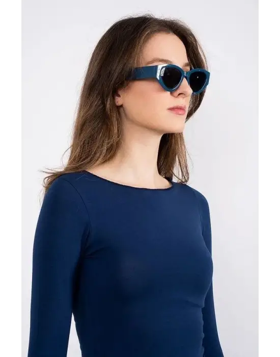 Kayık Yaka Uzun Kollu Bluz Lacivert Pt