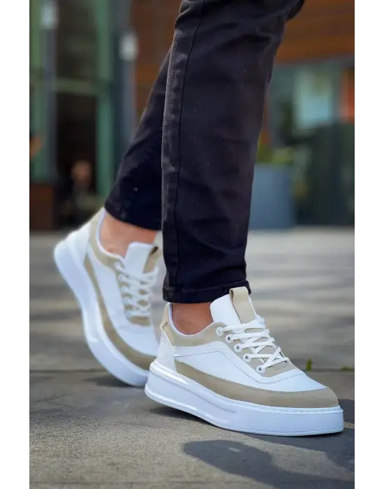Tb-006 Terzi Bey Beyaz Cilt Bej Süet  Yüksek Taban Bağcıklı Günlük Erkek Ayakkabı