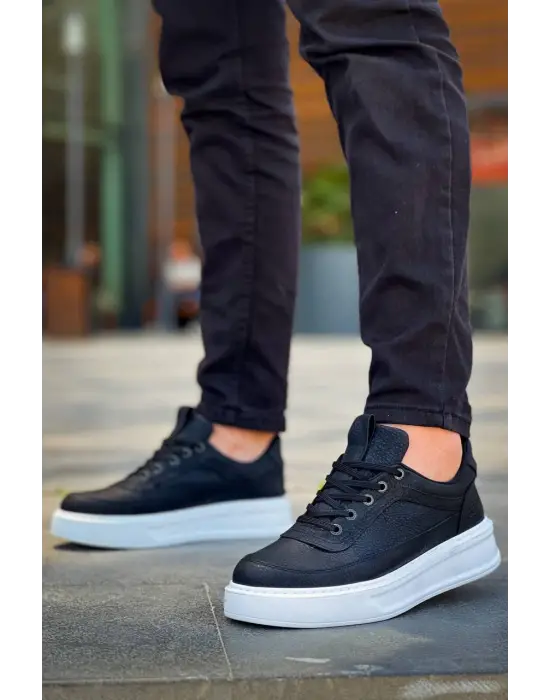 Tb-006 Terzi Bey Siyah Cilt Yüksek Taban Bağcıklı Günlük Erkek Ayakkabı