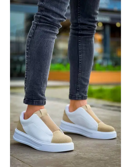 Tb-007  Terzi Bey  Beyaz Bej Yüksek Taban Tek Bant Bağcıksız Günlük Erkek Ayakkabı