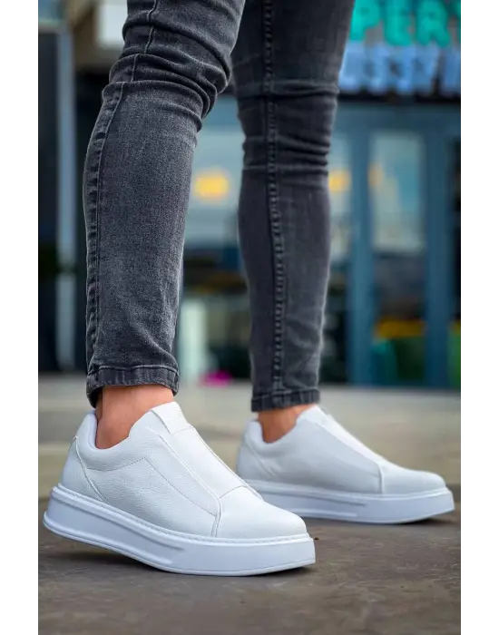 Tb-007  Terzi Bey  Beyaz Yüksek Taban Tek Bant Bağcıksız Günlük Erkek Ayakkabı