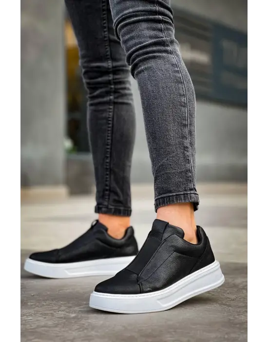 Tb-007  Terzi Bey Siyah Beyaz Yüksek Taban Tek Bant Bağcıksız Günlük Erkek Ayakkabı