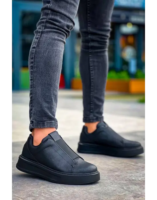 Tb-007  Terzi Bey Siyah Siyah Yüksek Taban Tek Bant Bağcıksız Günlük Erkek Ayakkabı