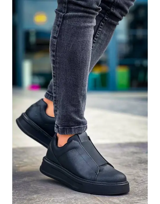 Tb-007  Terzi Bey Siyah Siyah Yüksek Taban Tek Bant Bağcıksız Günlük Erkek Ayakkabı