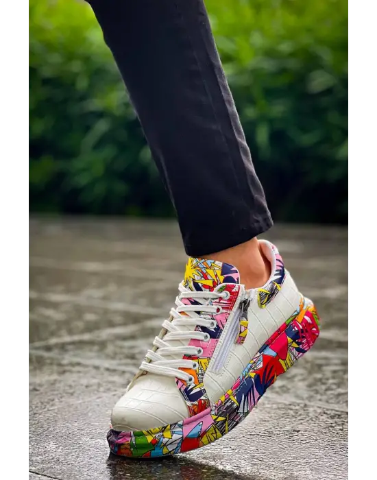 Tb-02  Terzi Bey Bağcıklı Crocodile Beyaz Kırmızı Günlük Erkek Ayakkabı